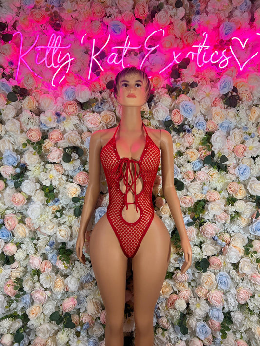 Exotic Dancewear Festival Bodysuit Fishnet Red Festival Outfit, Events, or Special Occasions