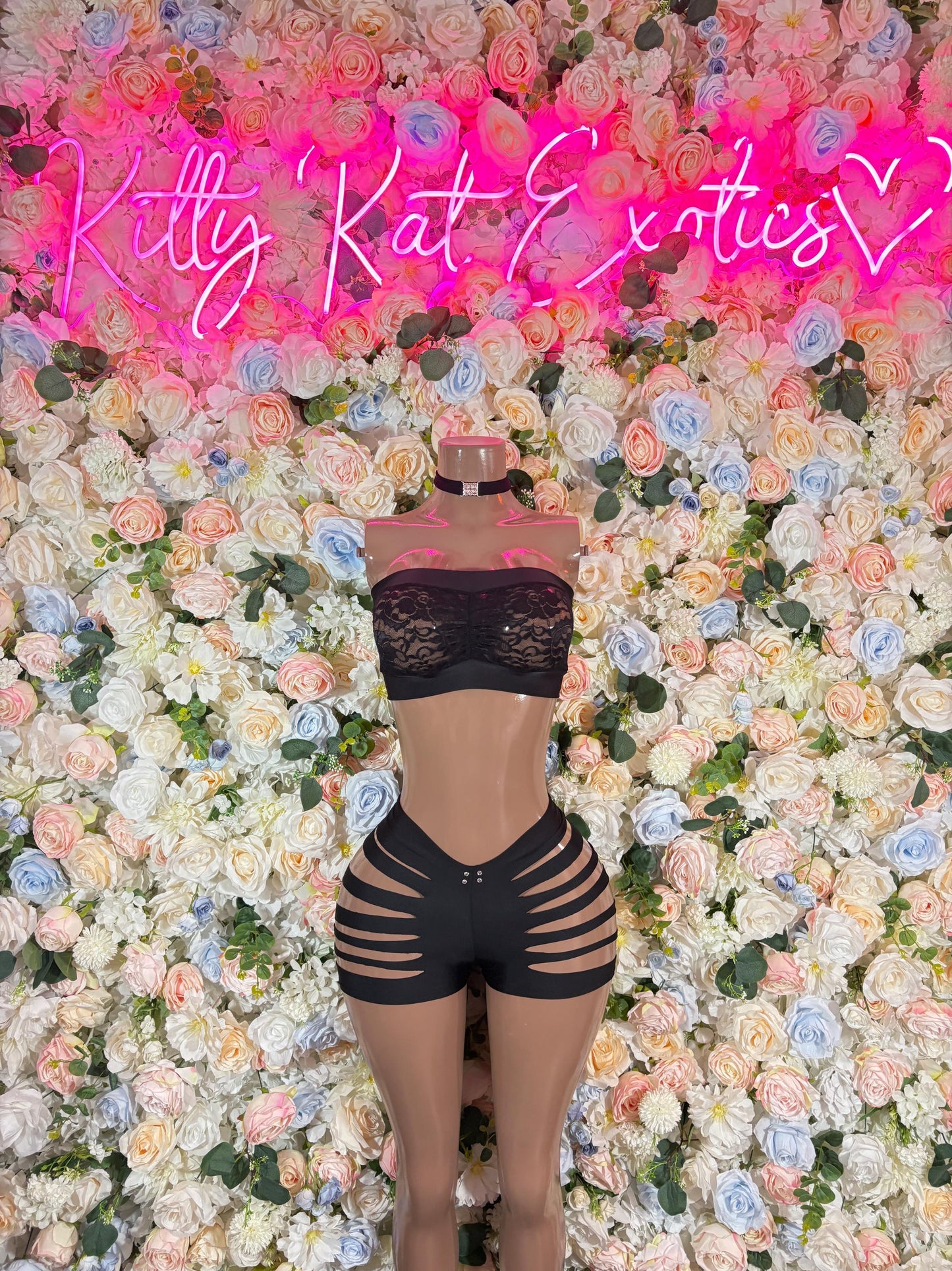 Exotic Dancewear Two Piece Black Lace Bodysuit -  Festival Outfit Bartender Set