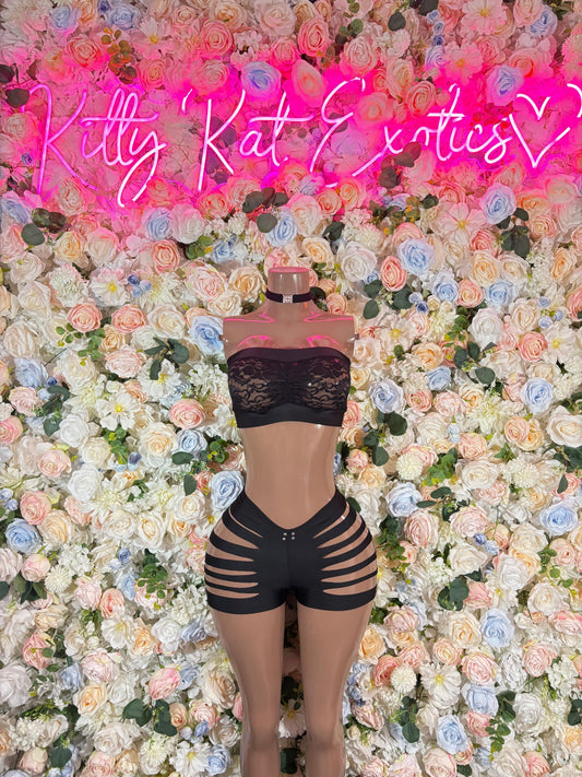 Exotic Dancewear Two Piece Black Lace Bodysuit -  Festival Outfit Bartender Set