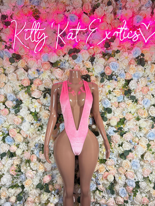 Rave Outfit One-Piece Baby Pink Velvet Festival Outfit  | Exotic Dancewear Rave wear