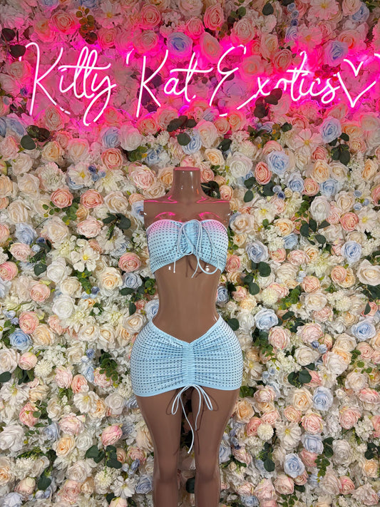 Rhinestone Exotic Dancewear Two Piece Skirt Set Baby Blue Rave wear Festival Wear