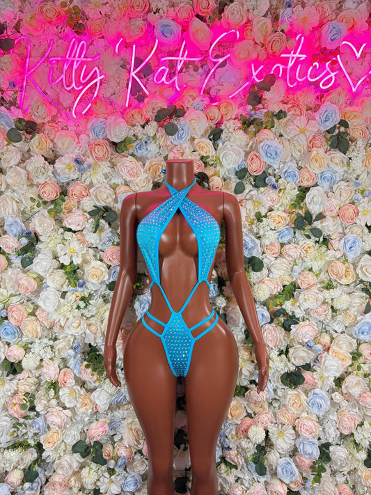 Rhinestone Exotic Dancewear One Piece Bodysuit Baby Blue Rave wear Festival Wear