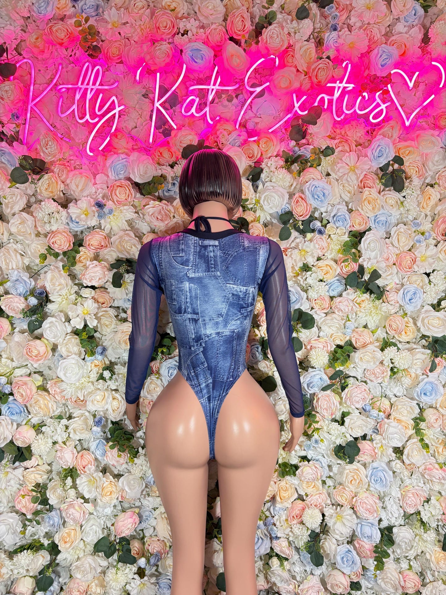 Denim Print Bottle Girl One-Piece Bodysuit - Custom Design | Exotic Dancewear for Performers, Raves, & Nights Out