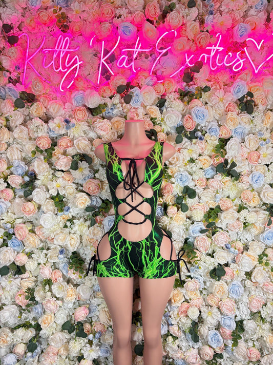 Green electric one-piece bodysuit with front lace-up and midriff cutouts.