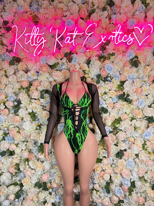 Black long-sleeve one-piece bodysuit with neon green electric-style front graphic