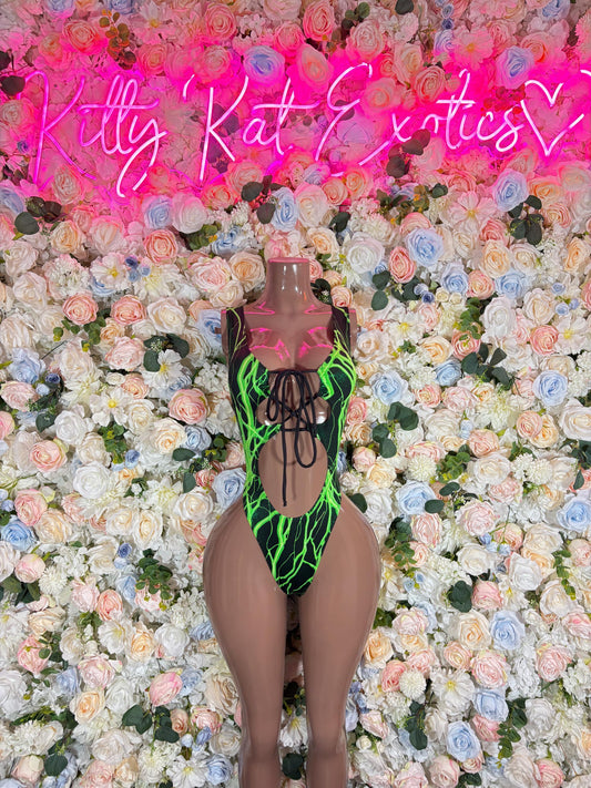Black mesh one-piece bodysuit with neon green electric pattern and cutout front
