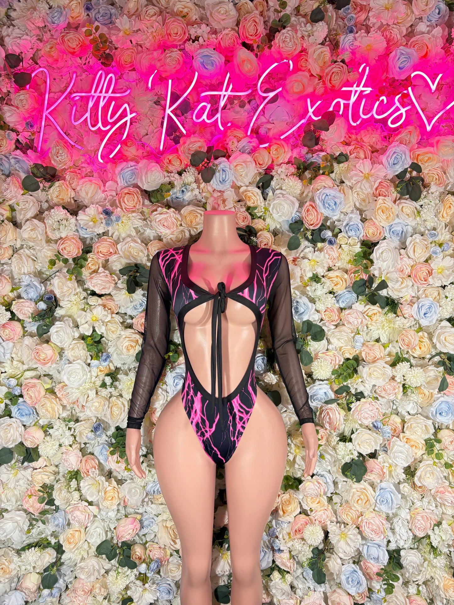 Bottlegirl Outfits One-Piece Bodysuit Pink Lightening - Custom Design | Exotic Dancewear for Performers, Raves, & Nights Out
