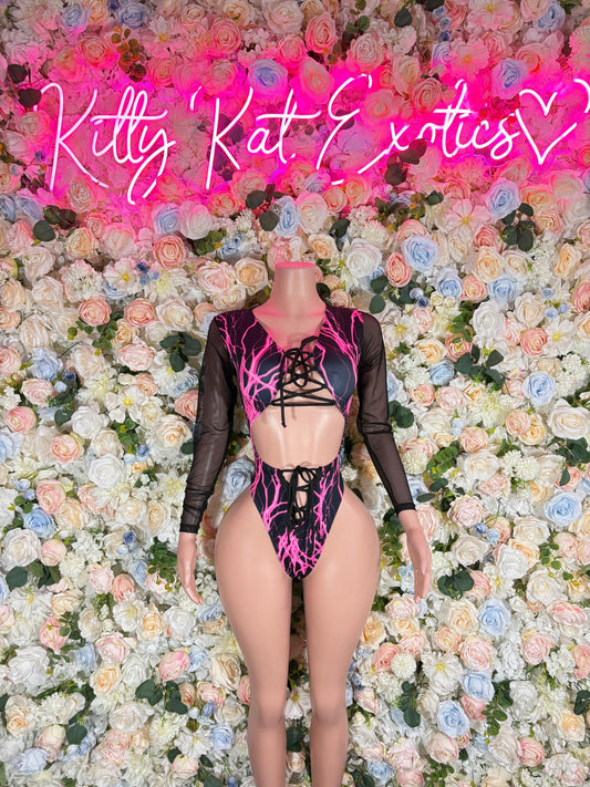 Bottlegirl Outfits One-Piece Bodysuit Pink Lightening - Custom Design | Exotic Dancewear Rave Outfits