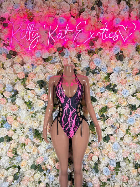 Festival Outfits Bodysuits One-Piece Bodysuit Pink Lightening - Custom Design | Exotic Dancewear Rave Outfits
