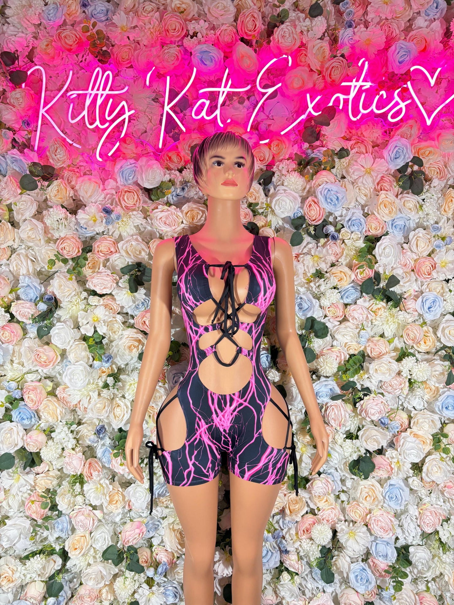 Festival Outfits Bodysuits One-Piece Bodysuit Pink Lightening - Custom Design | Exotic Dancewear Rave Outfits