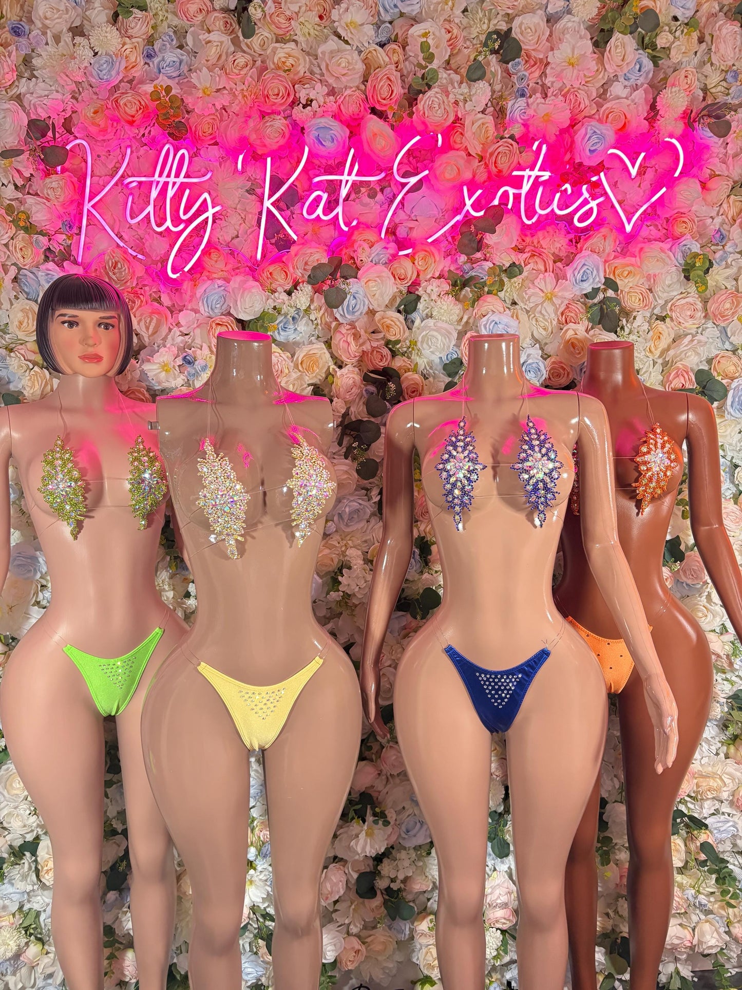 Exotic Dancewear Orange Floral Rhinestone Bikini Set - Sparkly Crystal Two Piece Swimsuit Festival Rave Dancewear Costume Exotic Outfit