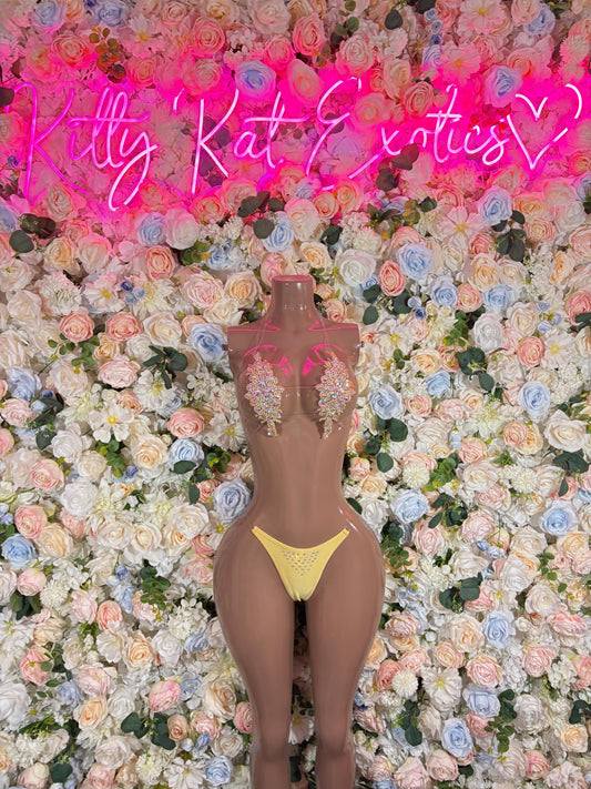 Exotic Dancewear Yellow Rhinestone Bikini Set - Sparkly Crystal Two Piece Swimsuit Festival Rave Dancewear Costume Exotic Outfit