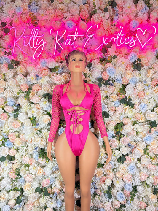Pink one-piece bodysuit with long mesh sleeves and tie-front cutout