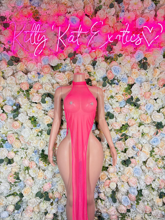 Evening Gown Pink Mesh Lingerie Costume  Red Gown  Romantic Dancewear Outfit  Exotic Dancer