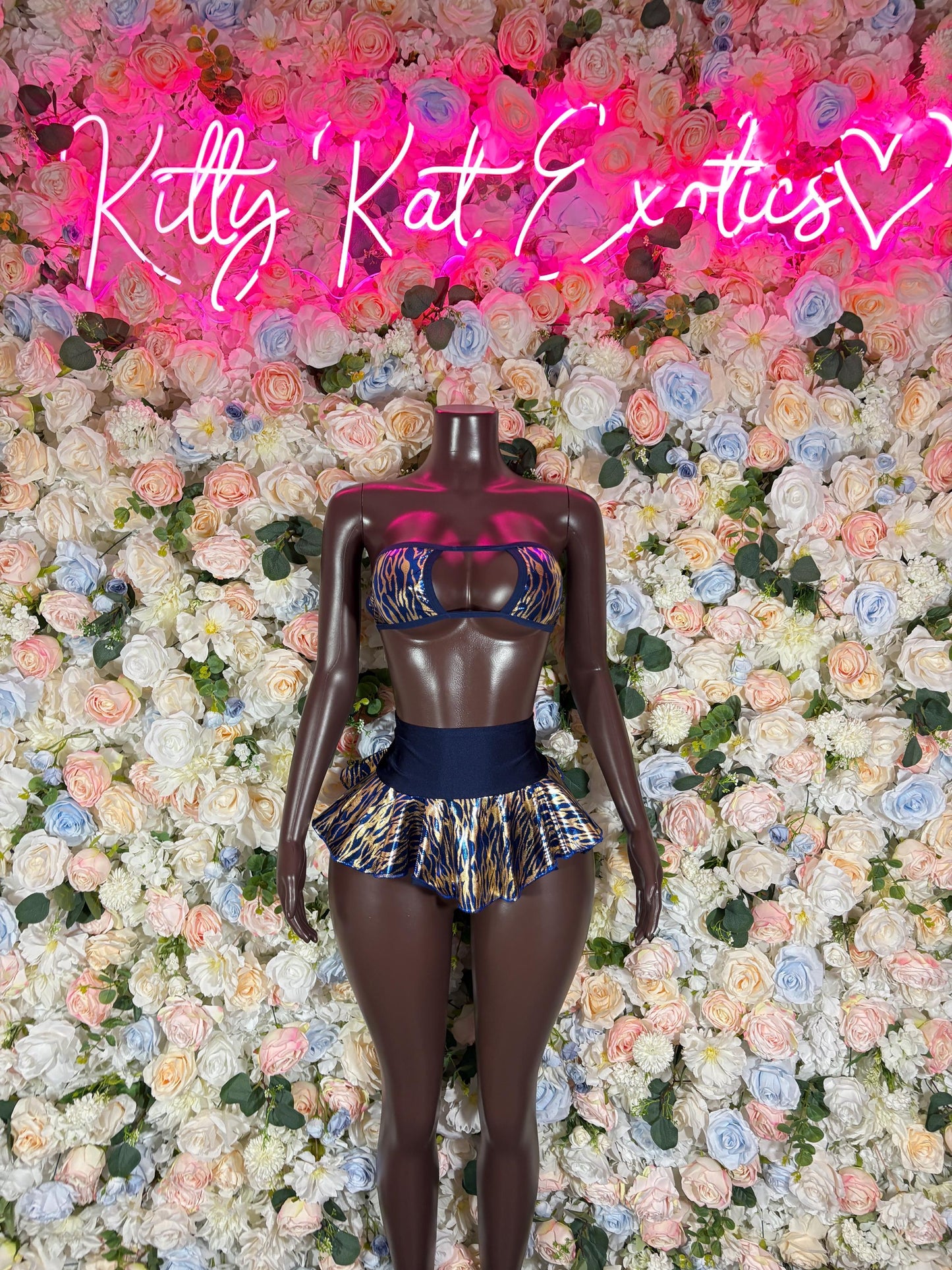 Rave Outfit - Two Piece Skirt Set Navy Gold Tiger Print  -  Ravewear - Sexy Festival Outfit, Clubwear, Performance Costume, EDM Party Wear