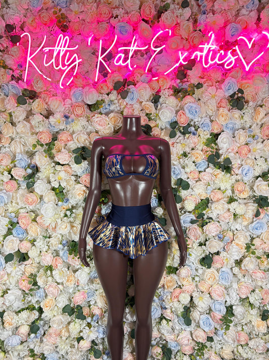 Rave Outfit - Two Piece Skirt Set Navy Gold Tiger Print  -  Ravewear - Sexy Festival Outfit, Clubwear, Performance Costume, EDM Party Wear