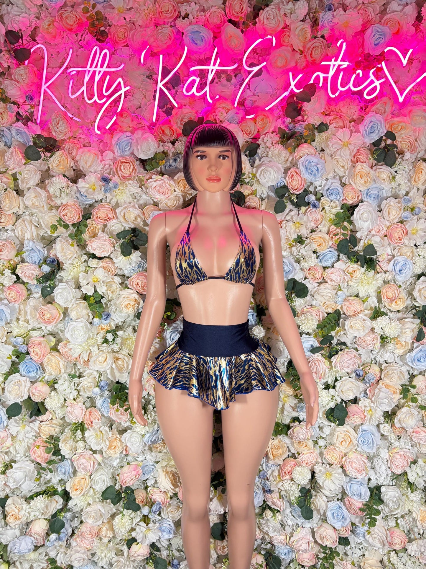 Exotic Dancewear  Two Piece Skirt Set Navy Gold Tiger Print  -  Ravewear - Sexy Festival Outfit, Clubwear, Performance Costume