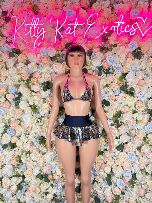 Exotic Dancewear  Two Piece Skirt Set Navy Gold Tiger Print  -  Ravewear - Sexy Festival Outfit, Clubwear, Performance Costume