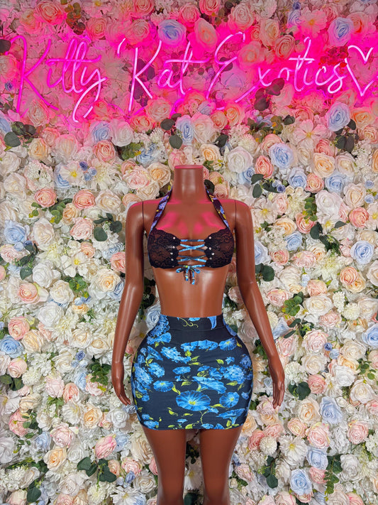 Exotic Dancewear - Womens Blue Floral Two Piece Skirt Bartender  Ravewear Festival