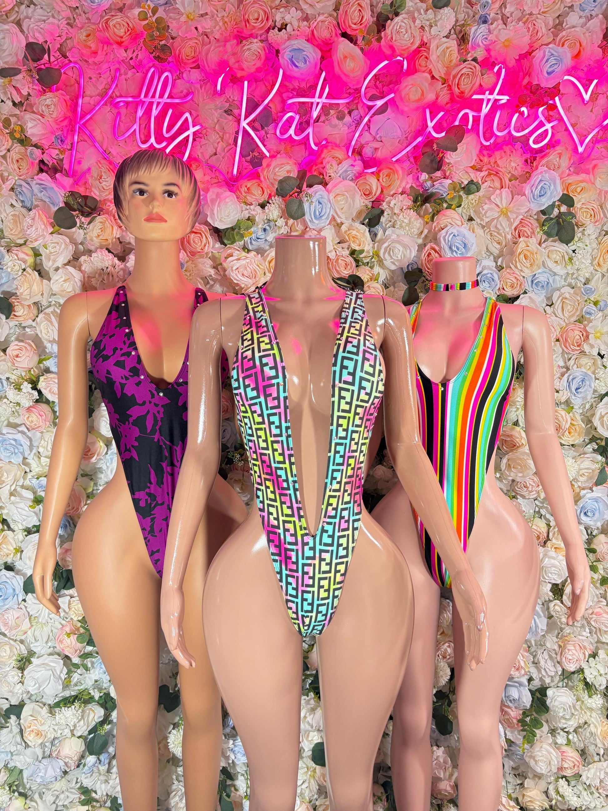 One-piece dance bodysuit trio: halter purple/black and colorful striped suits