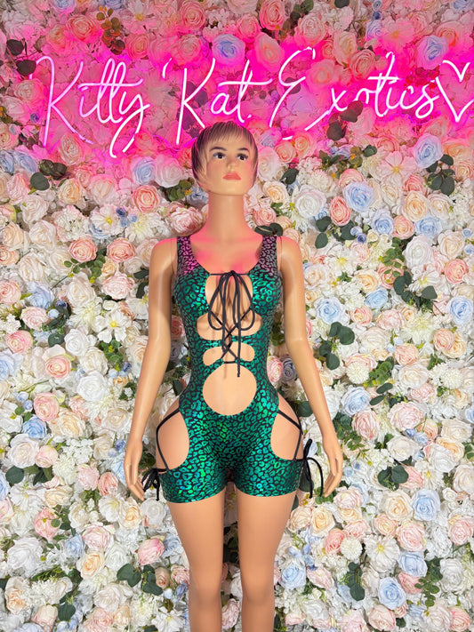 Bottlegirl One-Piece Green Cheetah  Bodysuit  Exotic Dancewear for Performers, Raves, or Night Out | Bottle girl Outfits