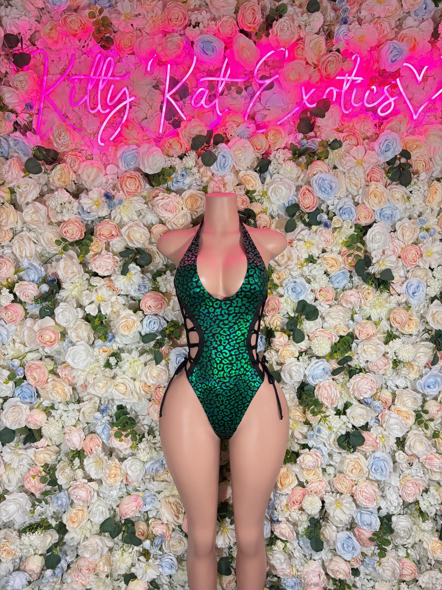 Bottlegirl One-Piece Green Cheetah  Bodysuit  Exotic Dancewear for Performers, Raves, or Night Out | Bottle girl Outfits