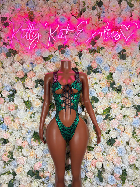 Green cheetah print one-piece bodysuit with lace-up front cutouts and thong back