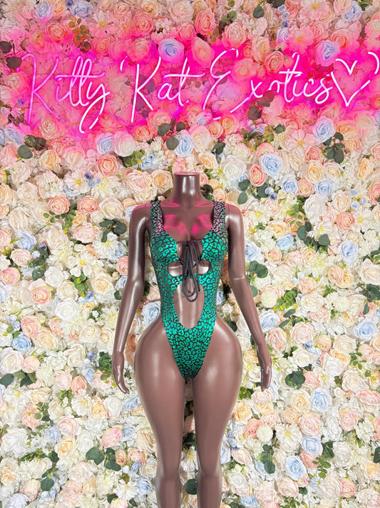 Bottlegirl Bodysuit One-Piece Green Cheetah  Exotic Dancewear for Performers, Raves, or Night Out | Bottle girl Outfits