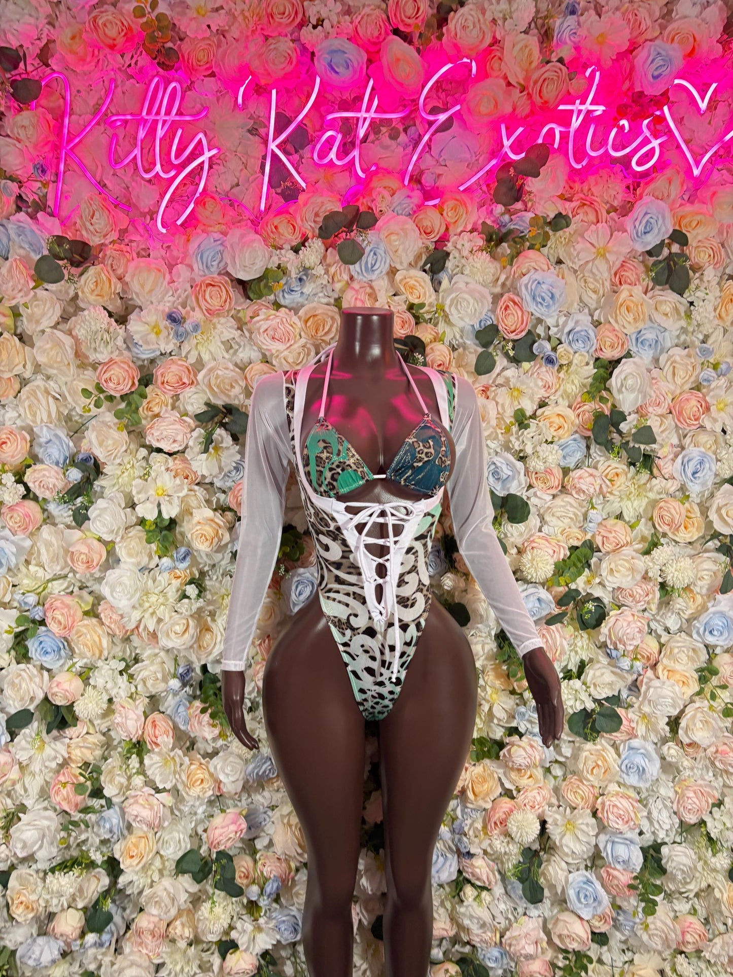 Custom Bottlegirl Outfits Aqua Leopard Print Bodysuit  - Bartender, Exotic Dancewear, Rave Bodysuit