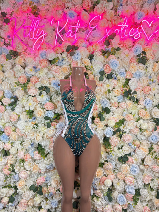 Custom Bartender Outfit Aqua Leopard Print Bodysuit  - Bartender, Exotic Dancewear, Rave Bodysuit