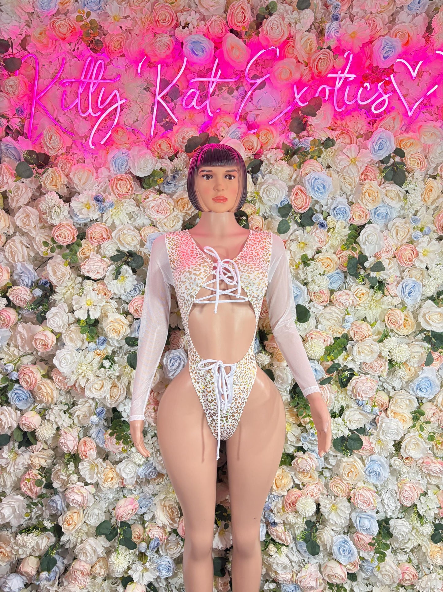 Bartender Bodysuits White and Gold Cheetah Print Bodysuit  - Bartender, Exotic Dancewear, Rave Bodysuit