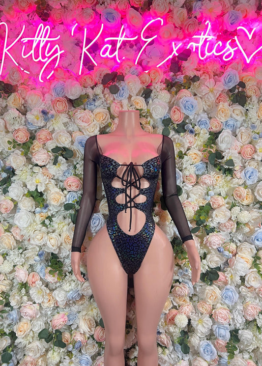 Metallic cheetah one-piece bodysuit with sheer long sleeves and front lace-up