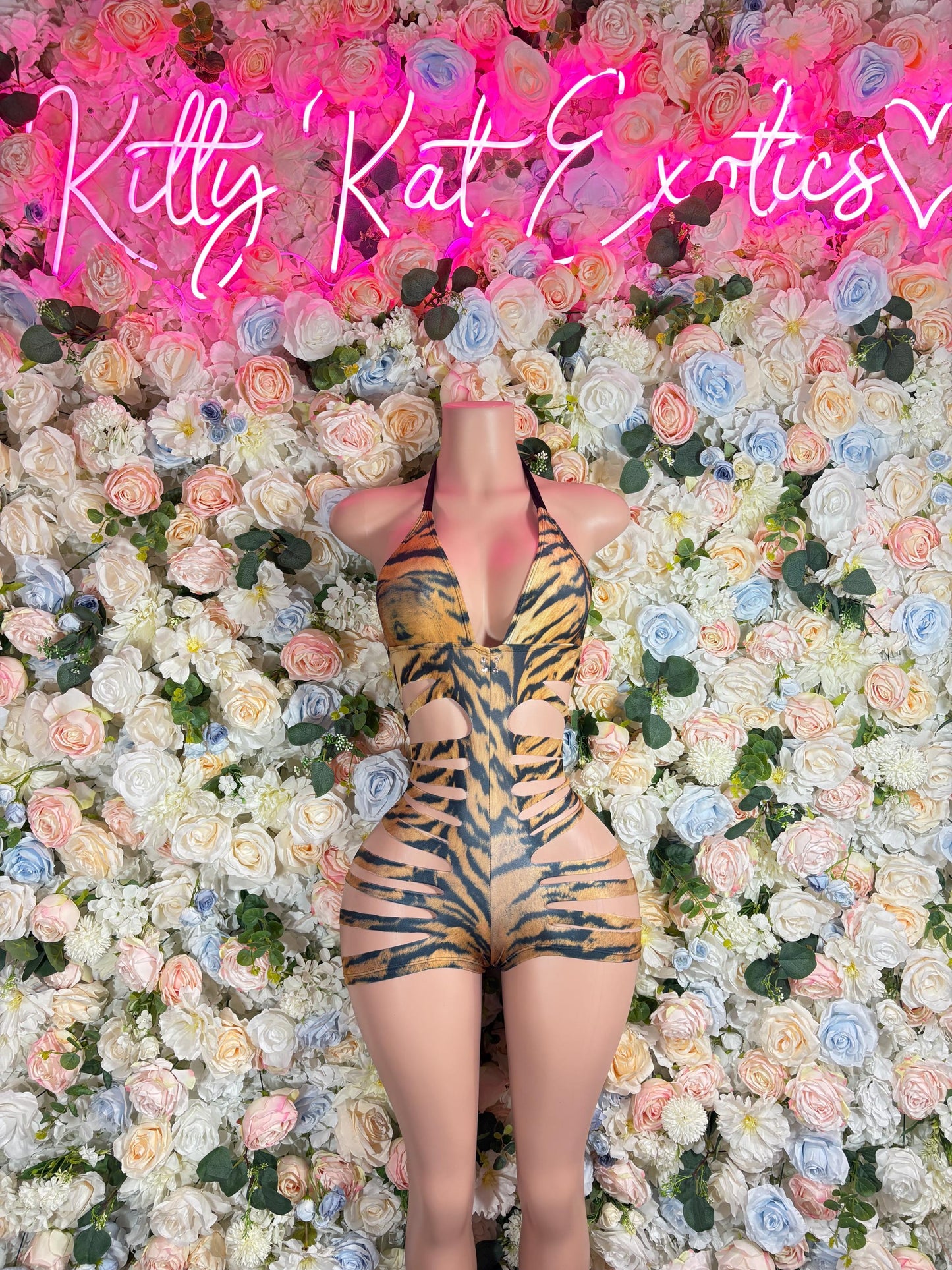 Exotic Tiger Print One-Piece Bodysuit Cutoff - Sexy Rave Festival Outfit, Dancewear, Clubwear, Performance Costume