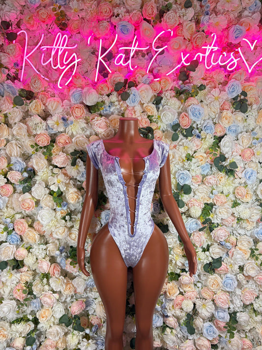 Purple sparkly one-piece bodysuit, sleeveless deep V front, high-cut legs