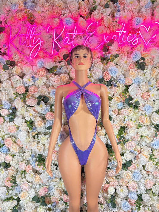 Festival Outfits  One-Piece Bodysuit Purple Metallic - Custom Design | Exotic Dancewear for Performers, Raves, & Nights Out