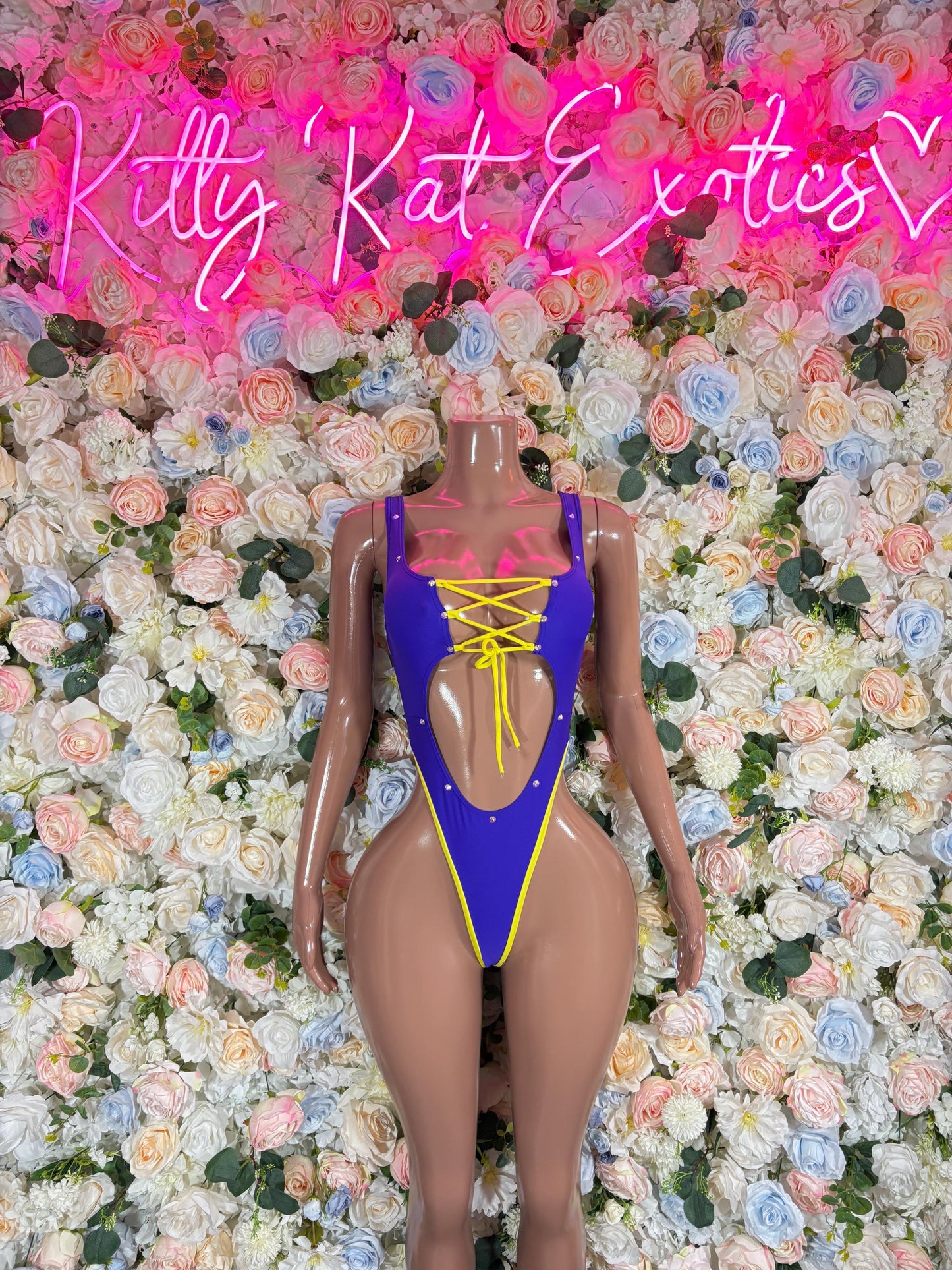 Sports Bar Bottlegirl One-Piece Bodysuit Purple and Gold - Custom Design | Exotic Dancewear for Performers, Raves, & Nights Out