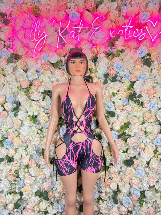 Bottlegirl Oufits One-Piece Bodysuit Pink Lightening - Custom Design | Exotic Dancewear for Performers, Raves, & Nights Out