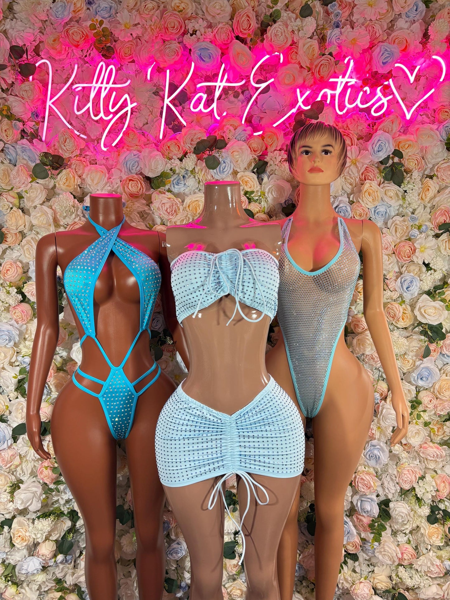 Rhinestone Exotic Dancewear Two Piece Skirt Set Baby Blue Rave wear Festival Wear