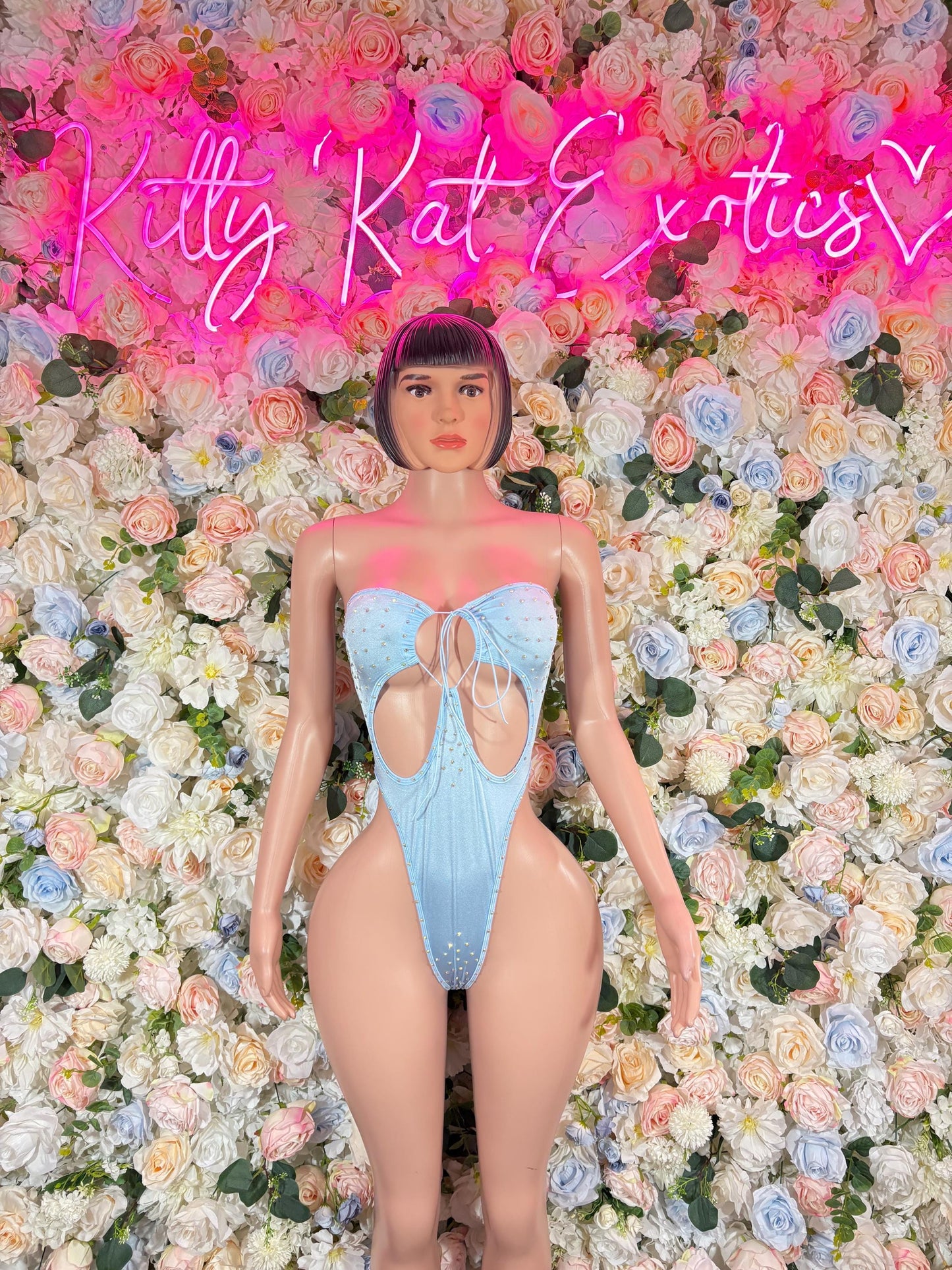 Festival Clothing One Piece  Rhinestone Bodysuit Baby Blue Rave wear Festival Wear