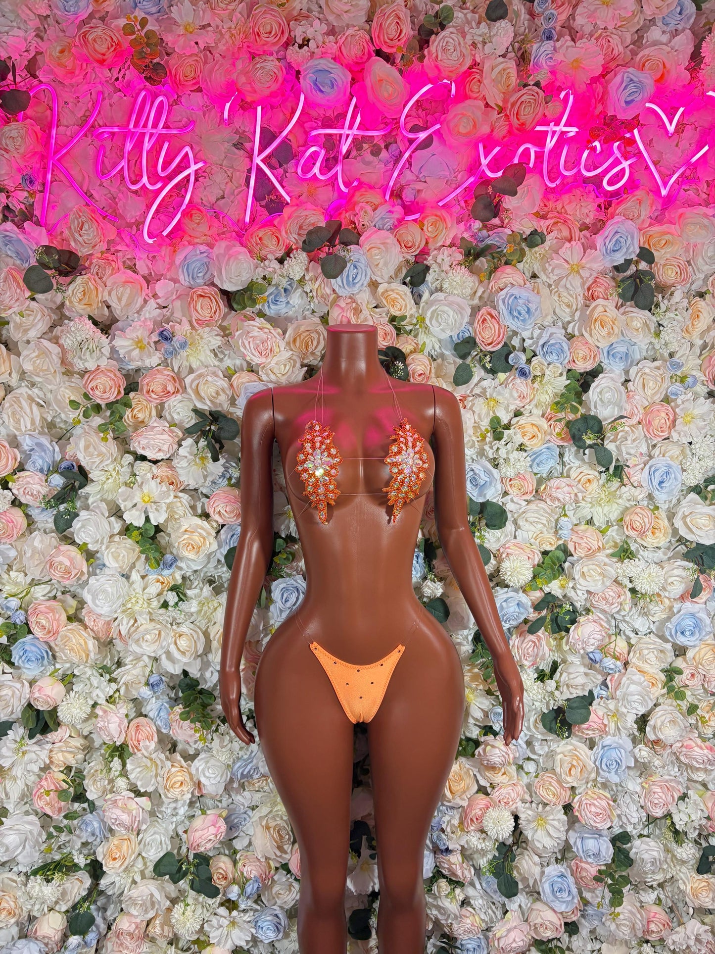 Exotic Dancewear Orange Floral Rhinestone Bikini Set - Sparkly Crystal Two Piece Swimsuit Festival Rave Dancewear Costume Exotic Outfit
