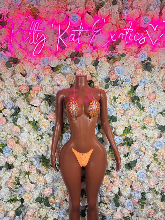 Exotic Dancewear Orange Floral Rhinestone Bikini Set - Sparkly Crystal Two Piece Swimsuit Festival Rave Dancewear Costume Exotic Outfit