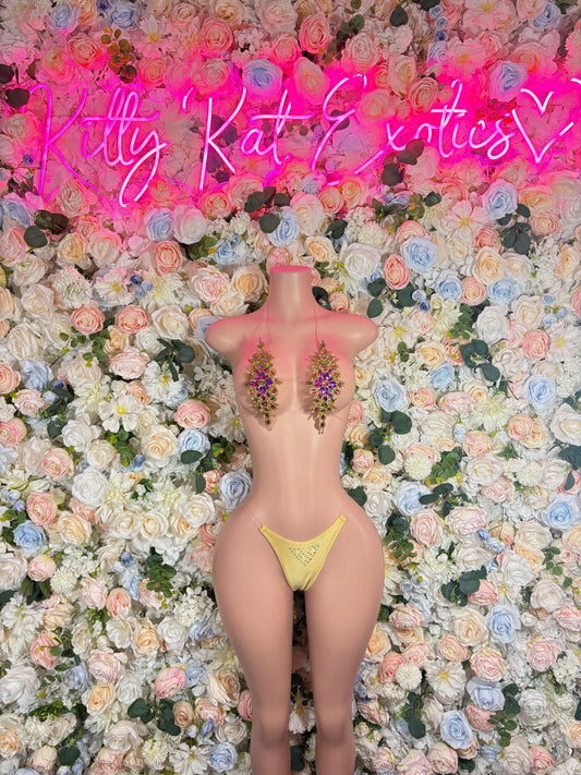 Festival Clothing Gold Rhinestone Bikini Set - Sparkly Crystal Two Piece Swimsuit Festival Rave Dancewear Costume Exotic Outfit