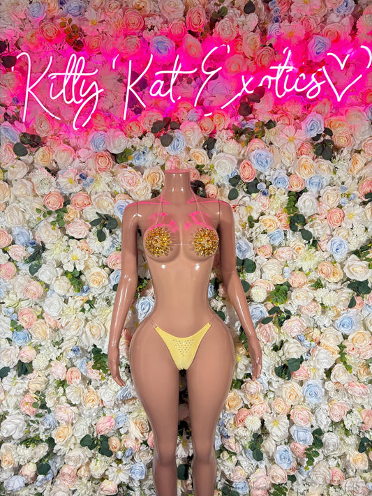 Rhinestone Festival Outfit Gold Bikini Set - Sparkly Crystal Two Piece Swimsuit Festival Rave Dancewear Costume Exotic Outfit