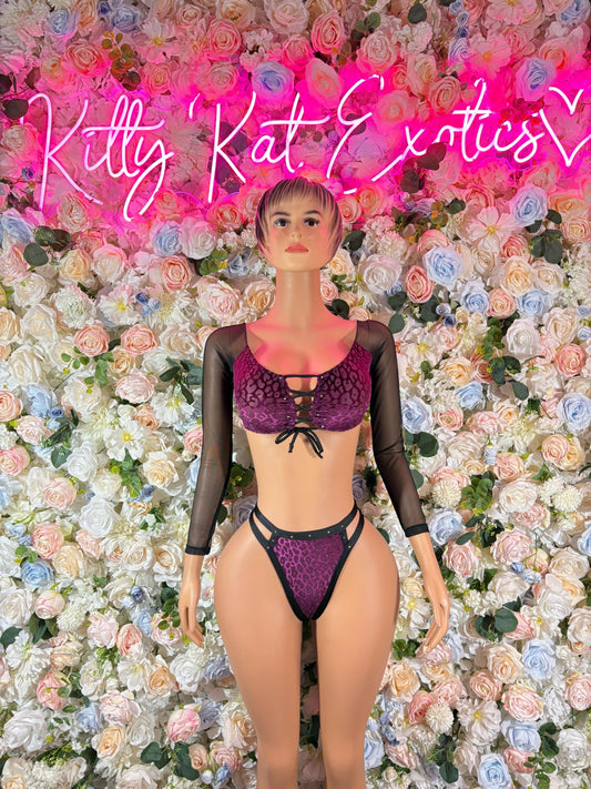 Festival Clothing Two Piece Purple Cheetah Print Set Costume Exotic Dancewear Bottlegirl Bartender Outfit