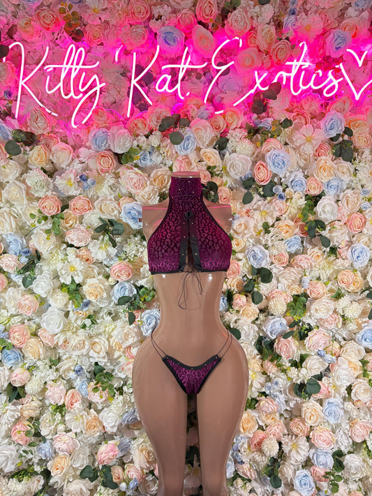 Festival Clothing Two Piece Purple Cheetah Print Set Costume Exotic Dancewear Bottlegirl Bartender Outfit