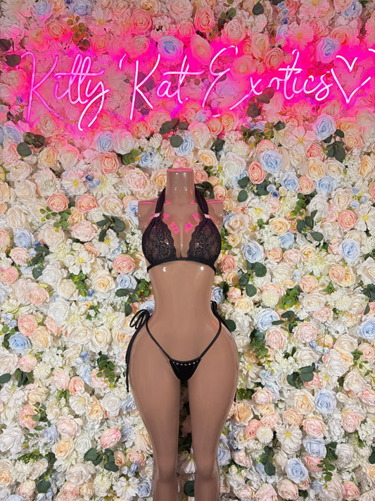 Exotic Dancewear Two-Piece Black Lace Bikini  Lingerie  Sexy Bartender  | Rave Wear Festival wear