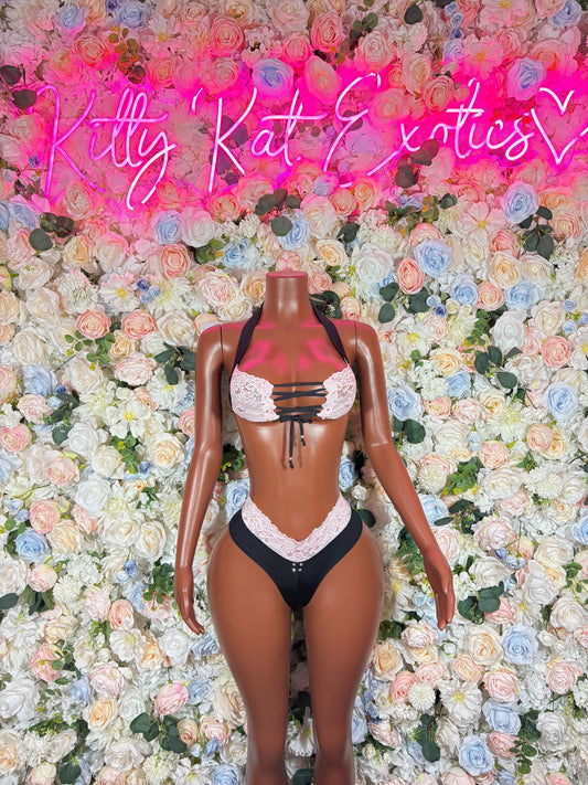 Exotic Dancewear Two-Piece Black/White Lace Bikini  Lingerie  Sexy Bartender  | Rave Wear Festival wear