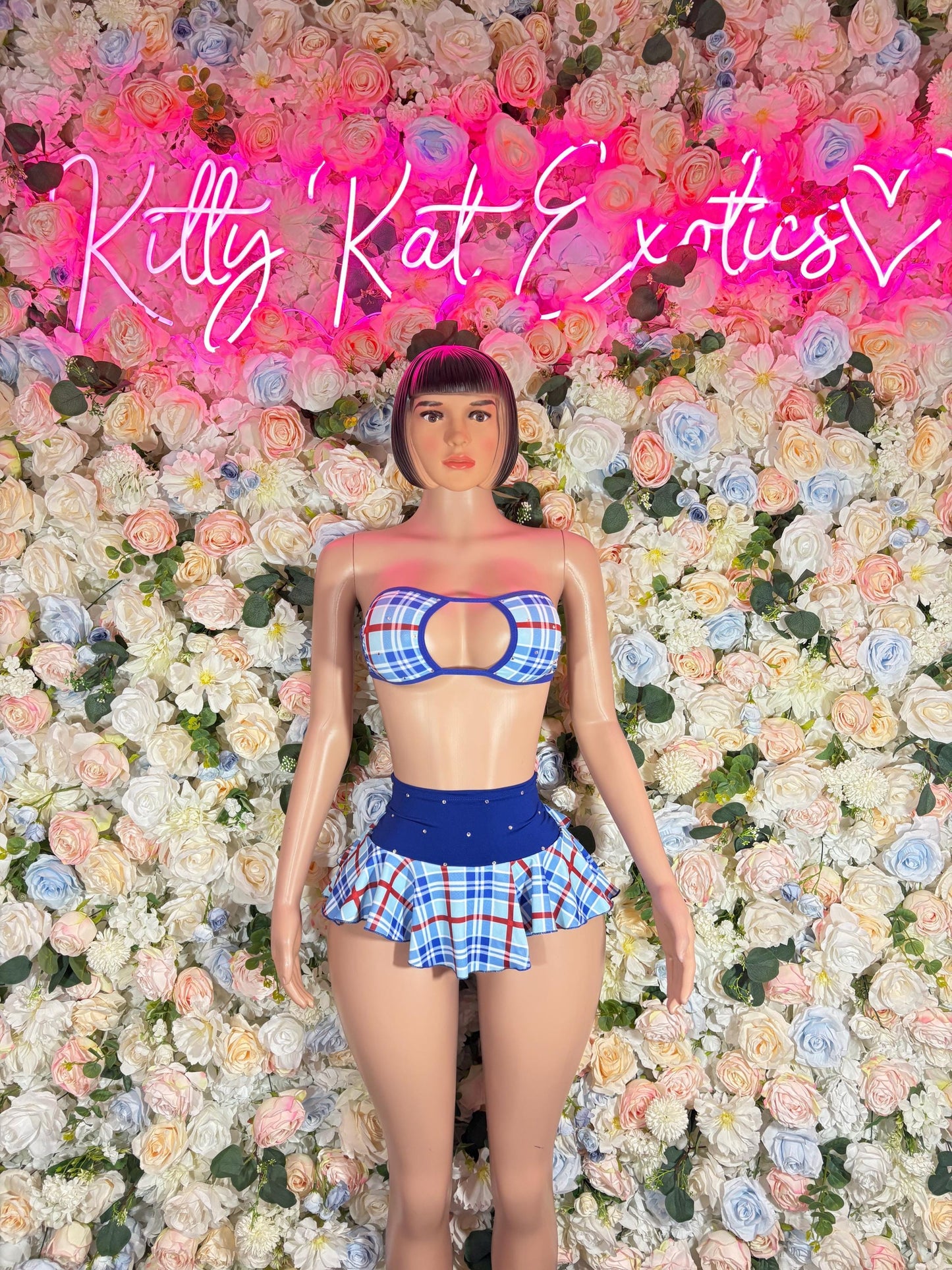 Cosplay Two-Piece Blue Plaid Skirt Set  School Girl  Sexy Bartender  | Rave Wear Festival wear Role Play Costume