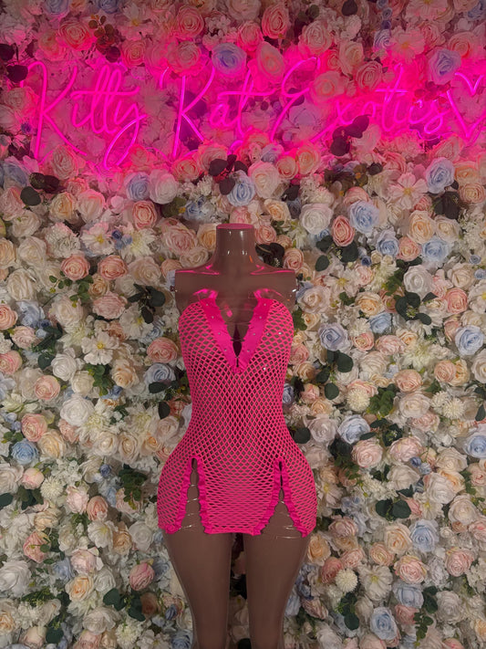 Pink Fishnet Rave Bodysuit: Exotic Dancewear, Festival Outfit