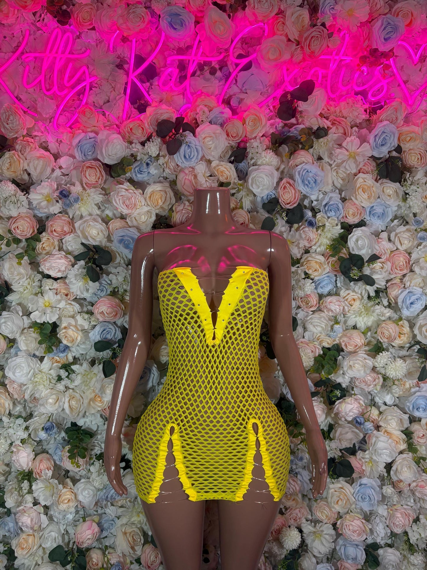 Yellow Fishnet Bodysuit: Rave Outfit, Exotic Dancewear